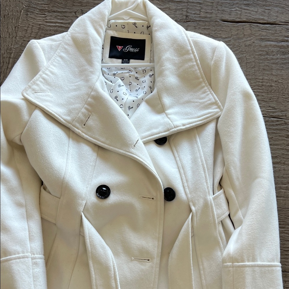 GUESS Women's Cream Double-Breasted Pea Coat